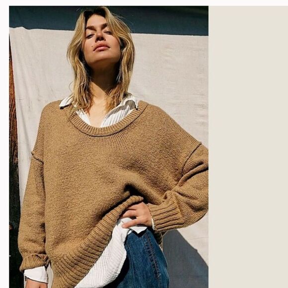 Free People Brookside Oversized Tunic Sweater in Desert Camel Tan Sz XS - Picture 1 of 9